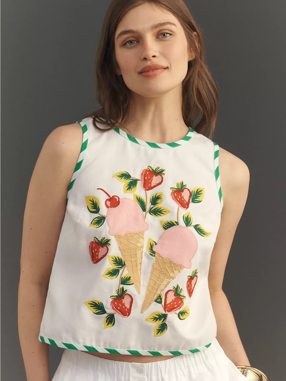 ANTHROPOLOGIE NWT XS Maeve Embroidered Shell Tank White Ice Cream Striped Trim
